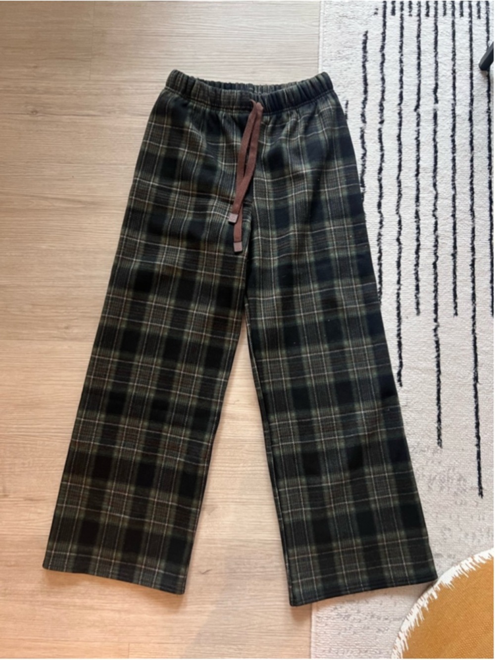 Plaid Wide-Leg Drawstring Pants - Dark Green & Brown Size M Preppy